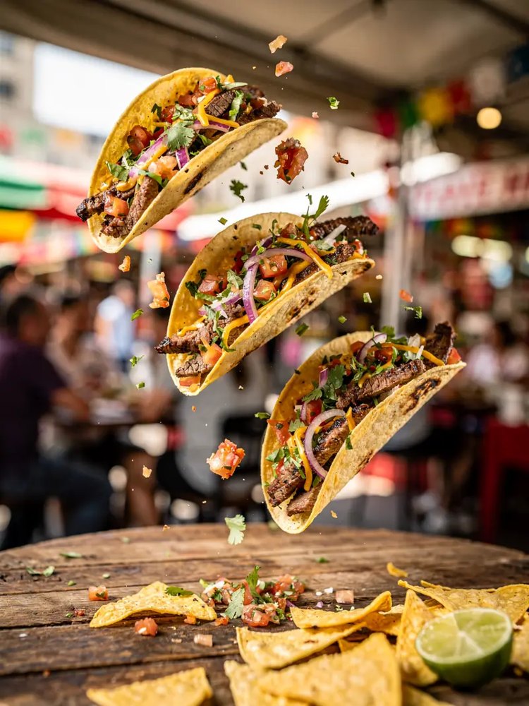 Steak tacos in mid-air