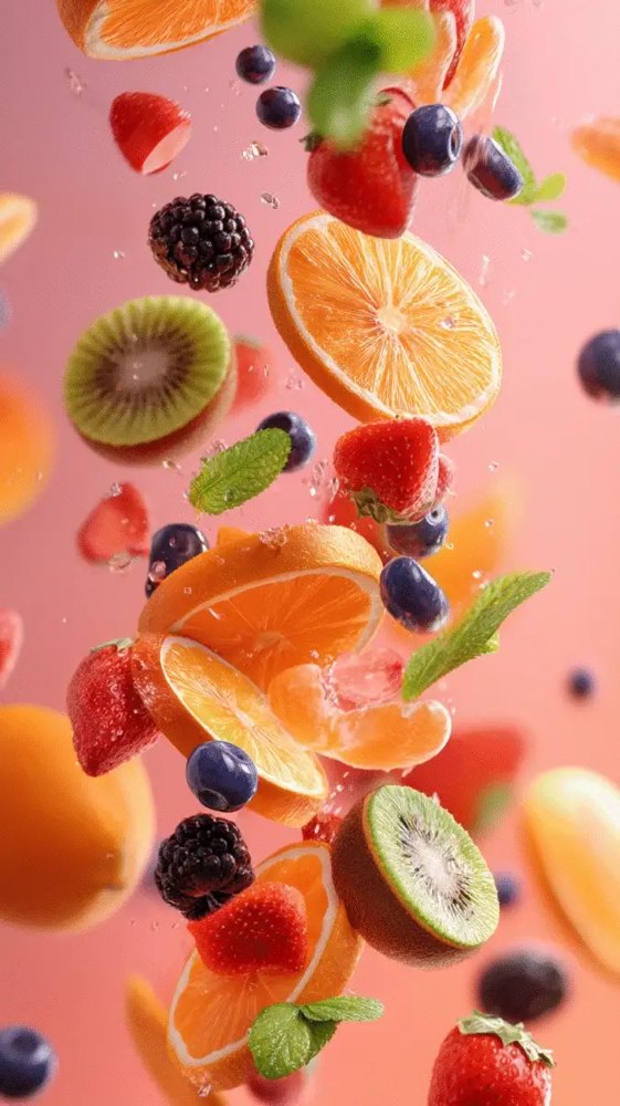 Sliced fruit falling against pink