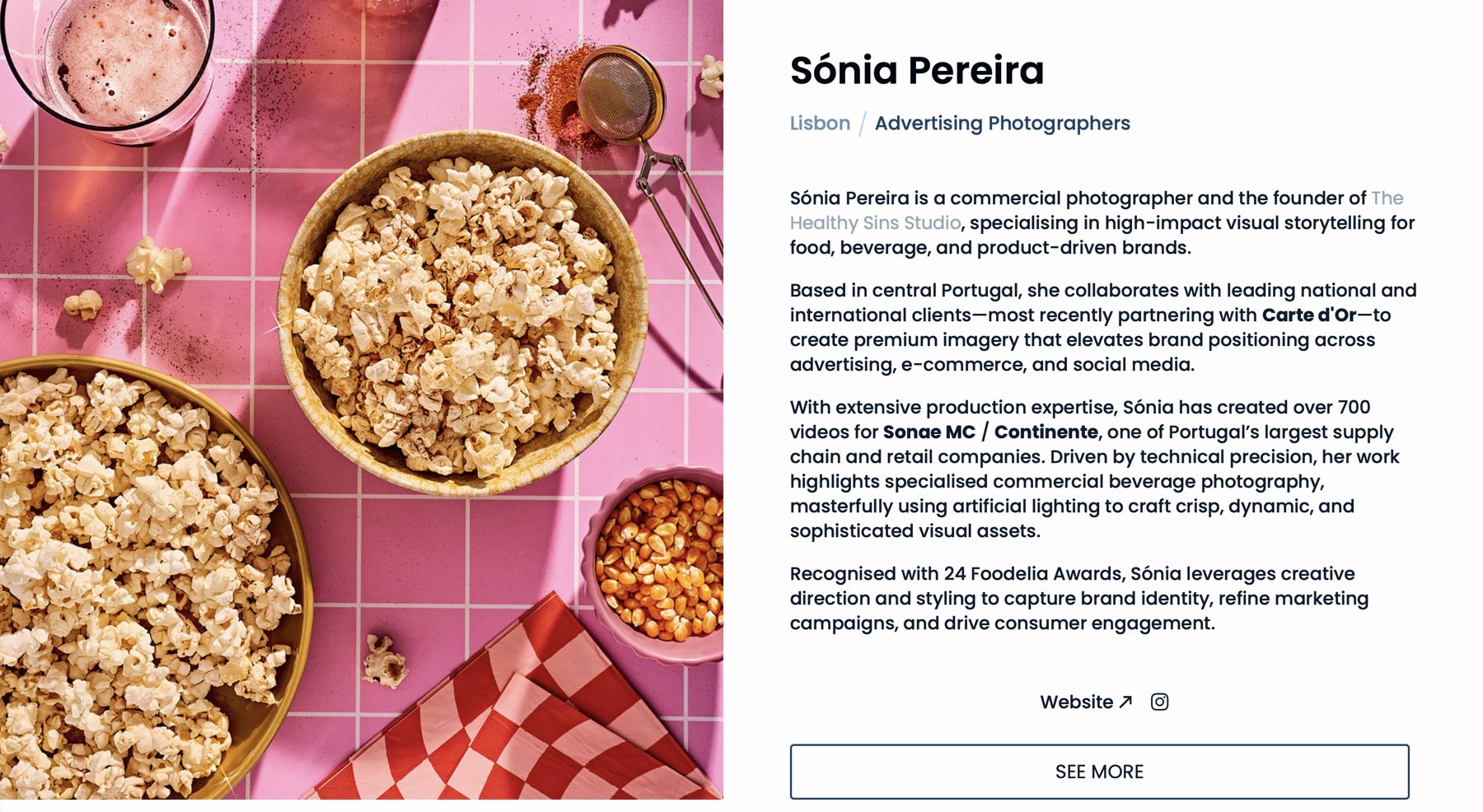 Showcase page for Sónia Pereira, Lisbon: popcorn bowls on pink tiles beside her bio